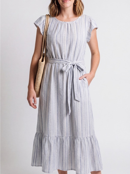 Briggs New York Dresses & Skirts - Briggs linen Striped Tie-Waist Midi Dress coastal Grandma resortwear Vaction